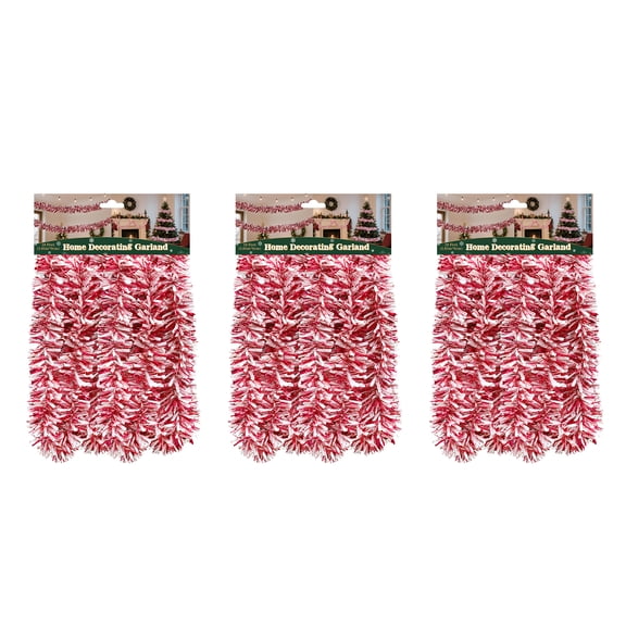 3PK 10FT Christmas Tinsel Garland Shiny Metallic Tinsel Twist Garland Streamers Ornaments Long Glitter Christmas Tree Hanging Decorations for Party Holiday Wedding Birthday Tree Wall Rail,Red White
