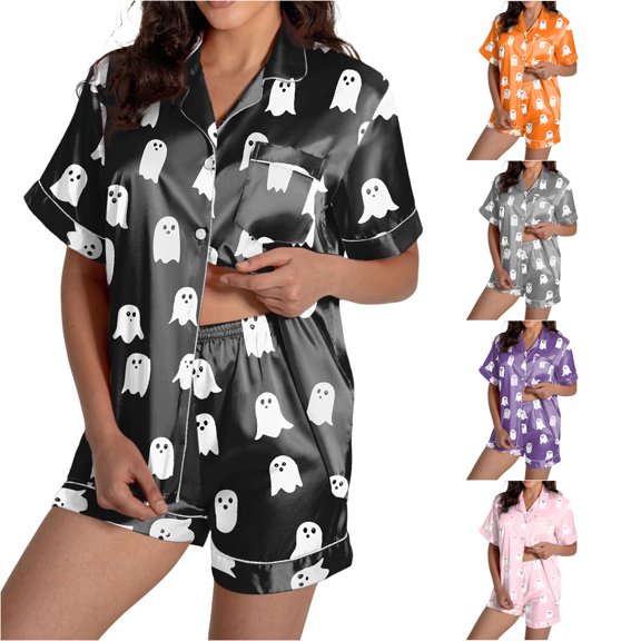 RMGVDSD Halloween Womens Pajamas Set Button Down 2 Piece Shorts Set Lapel Short Sleeve Sleepwear Holiday Pajama Sets for Daily Loungewear
