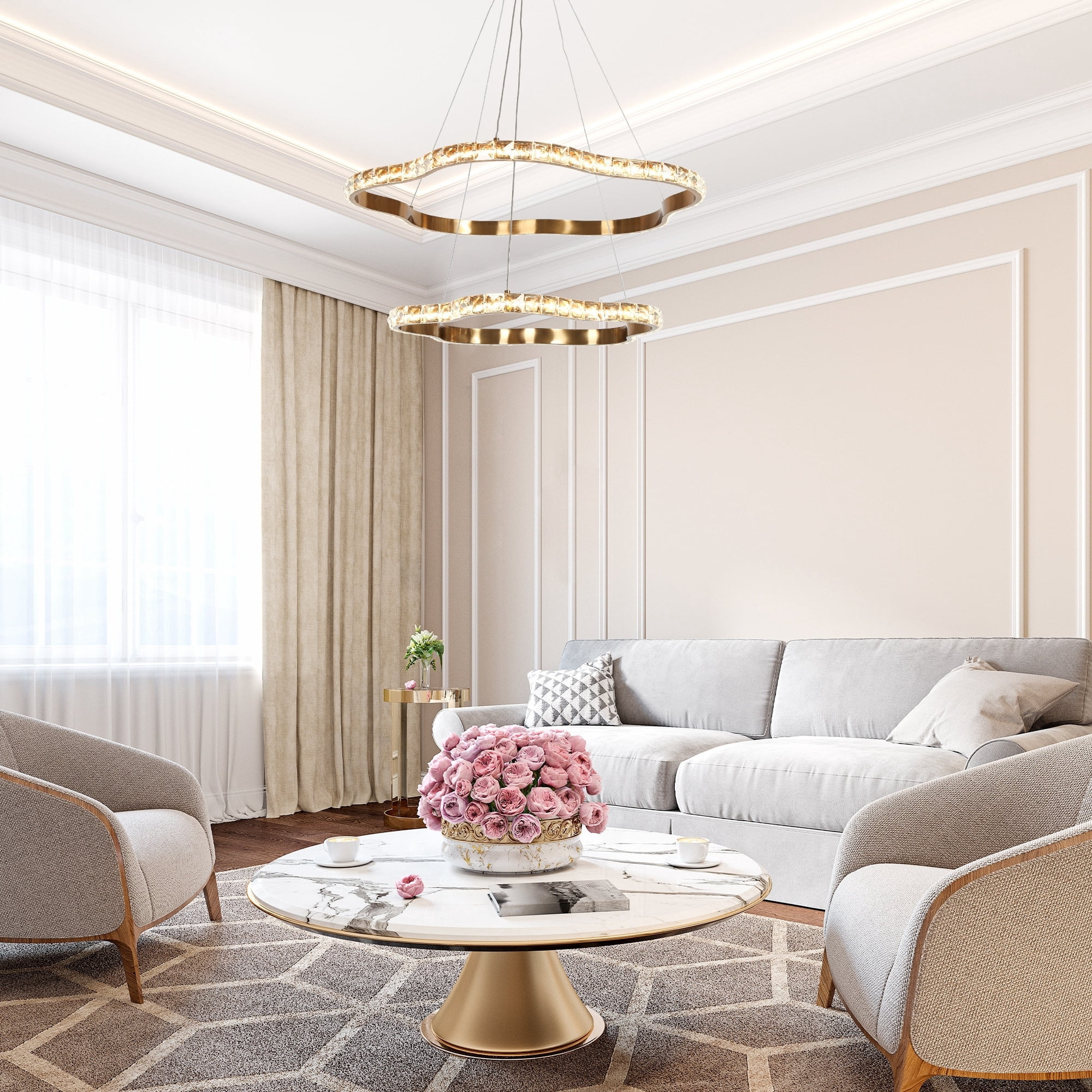 LNC Deslumbrante 2-Lights 25.6"Modern Luxury Tiered Integrated LED Crystal Chandelier, Polished Gold