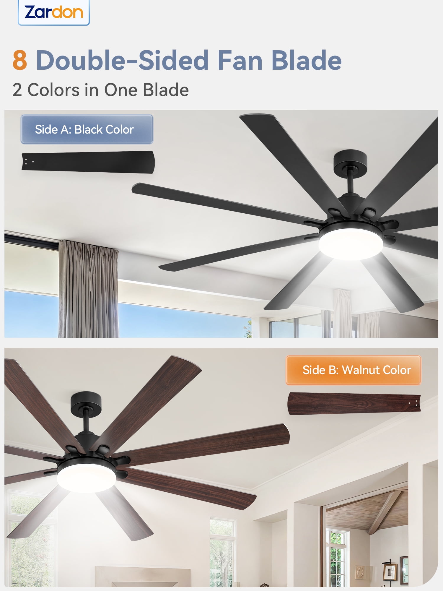 Zardon 72in Ceiling Fan with Light and Remote Control, Large Modern Ceiling Fan with 6 Speeds Reversible, for Indoor Outdoor, Patios, Black