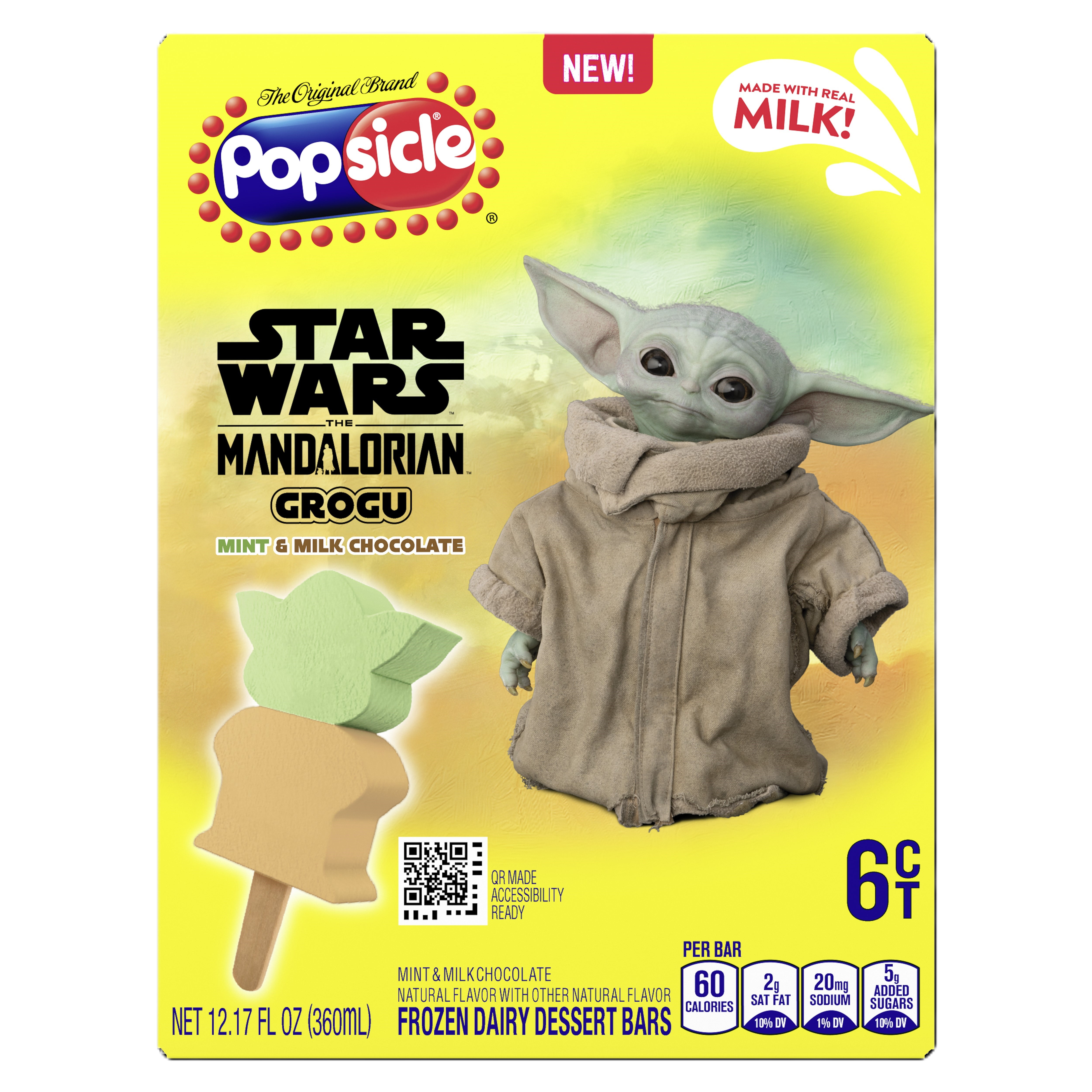 Popsicle Star Wars the Mandalorian Grogu Mint and Chocolate Ice Cream Bars Frozen Desserts, 6 Count