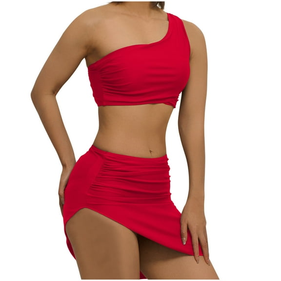 Bigersell 3 Piece Swimsuits for Women Trendy Ruched One Shoulder Bikini Sets with Cover-Ups Bathing Suits Cheeky Bottoms Vacation Swimsuits Red S