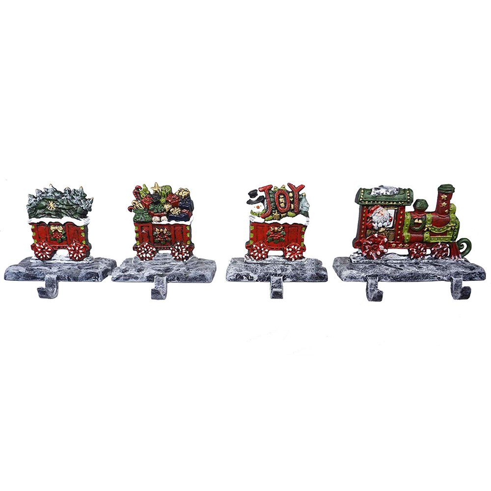 LuLu Decor, 2D Train Christmas Stocking Holder with 3 Rail carts, 100 cast Iron with 5 Hooks