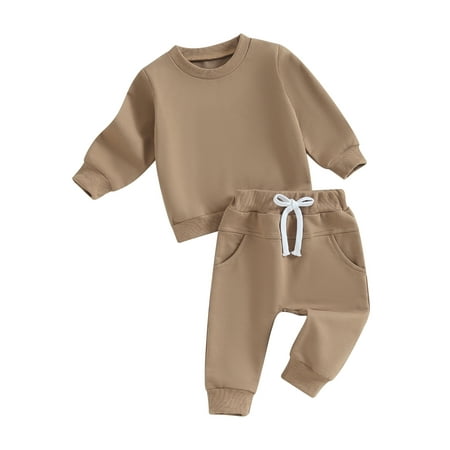 

FEORJGP Toddler Baby 2 Piece Cute Outfit Infant Long Sleeve Sweatshirt Solid Color Jumpers Crew Neck Tops and Elastic Pants Drawstring Sweatpants Set for Newborn Boys Girls Spring Fall Clothes