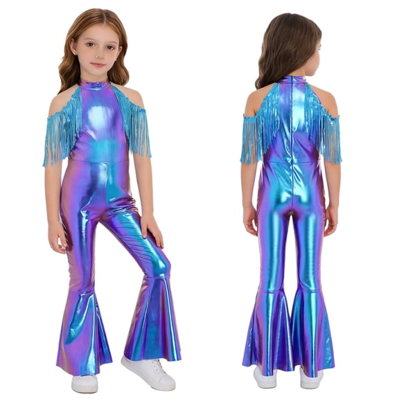 vastwit Off The Shoulder Tassels Metallic Dance Jumpsuit for Girls 70s Disco Party Romper Fringed Unitard Blue 8