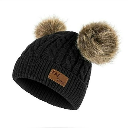 

EHTMSAK Toddler Baby Faux Fur Pompom Cap Children Winter Hat Ski Knitted Beanie for Girl Boy Black 1Y-8Y One Size