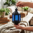 thumbnail image 4 of Hanging Moroccan Lamp Decorative Lantern with Chain for Indoor Home Decor, Outdoor Patio, Black Metal, Cobalt Blue Glass, 4 of 12