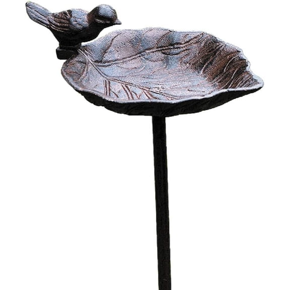 Country-Style, Leaf with Bird, Garden Stake Bird Bath, Cast Iron, 3 Feet 2 ½ Inches Tall