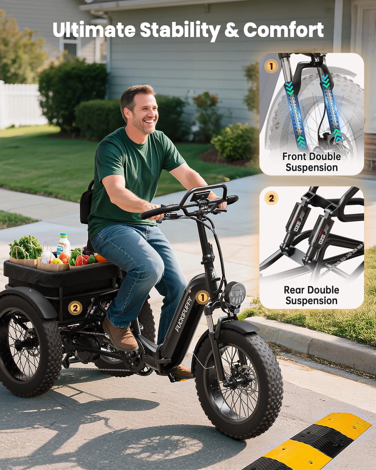 PUCKIPUPPY Electric Tricycle for Adults Full Suspension & Reverse Gear 960W Peak 55Miles Range 20" Fat Tire Electric Trike 15mph Max Speed E-Mountain Bikes 48V 15AH Battery, Comply with UL2849 By SGS