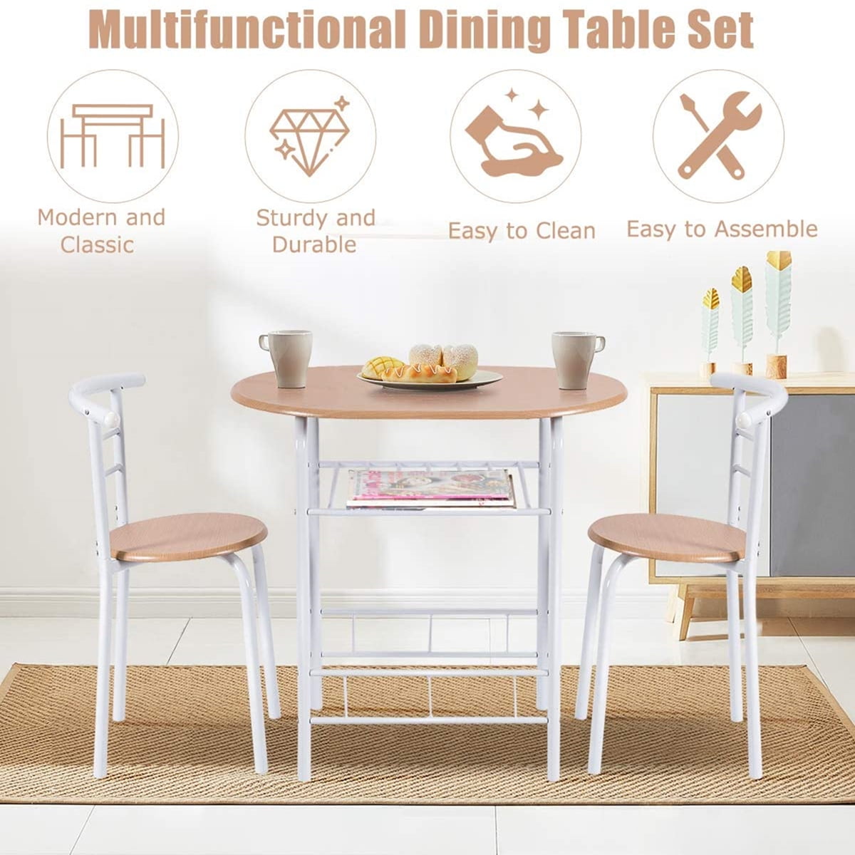 Private Jungle Dining Set Compact 2 Chairs and Table Set with Metal Frame and Shelf Storage Bistro Pub Breakfast Space Saving - oak & white Private Jungle Dining Set Compact 2 Chairs and Table Set with Metal Frame and Shelf Storage Bistro Pub Breakfast Space Saving - oak & white