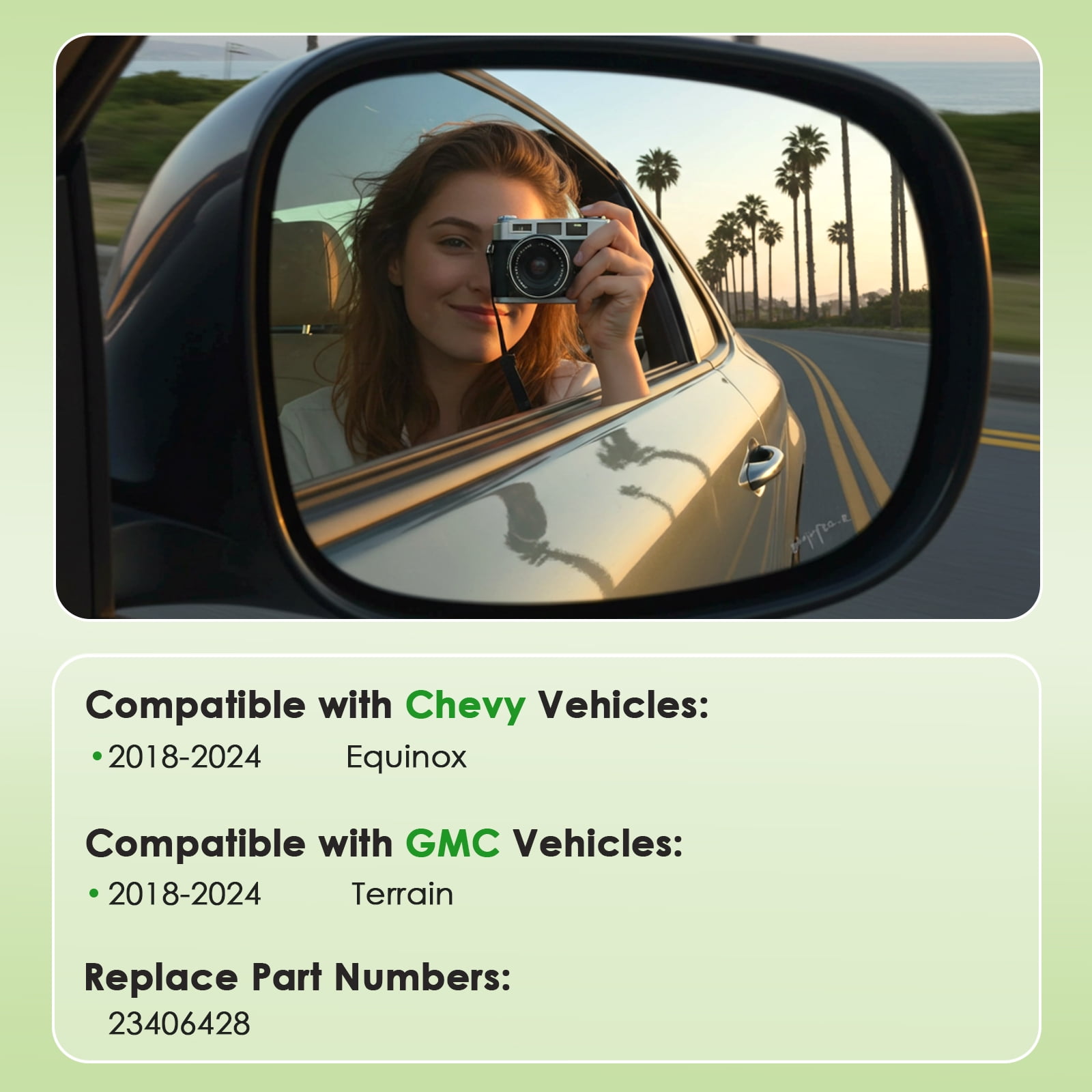 Driver Side Replacement Mirror Glass Compatible with GMC Terrain 2018-2024, Chevy Equinox 2018-2024, Heated with Blind Spot Detection, w/o Auto Dimming, 23406428, LH