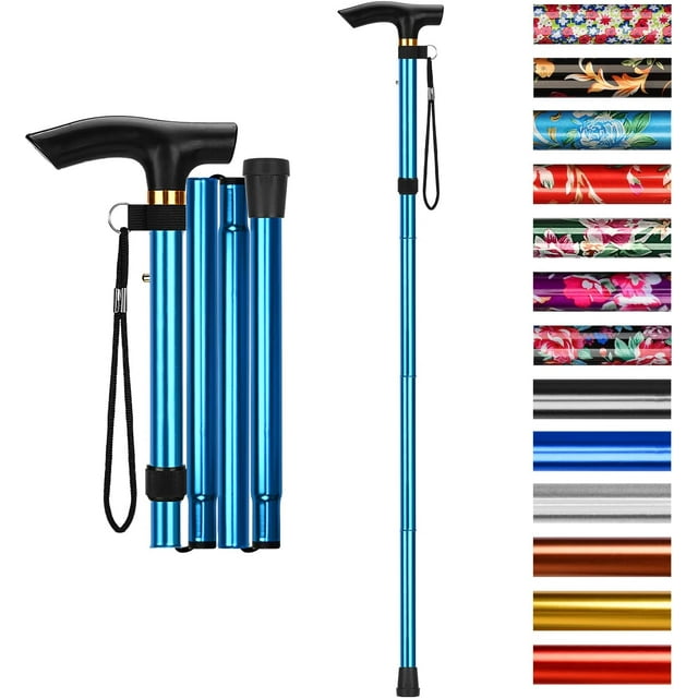 SupreGear Adjustable Folding Cane with T-Handle, 5 Height Levels, Blue, Strap for Extra Stability