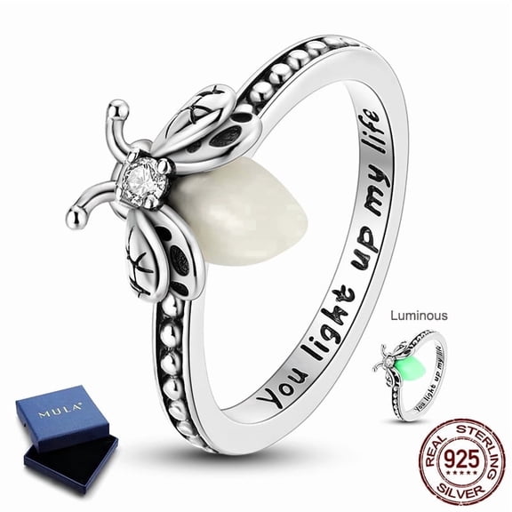 MULA 925 Sterling Silver Finger Ring for Women, Luminous Firefly Hypoallergenic Sparkling AAA CZ Birthday Gift Jewelry with Box Size 6
