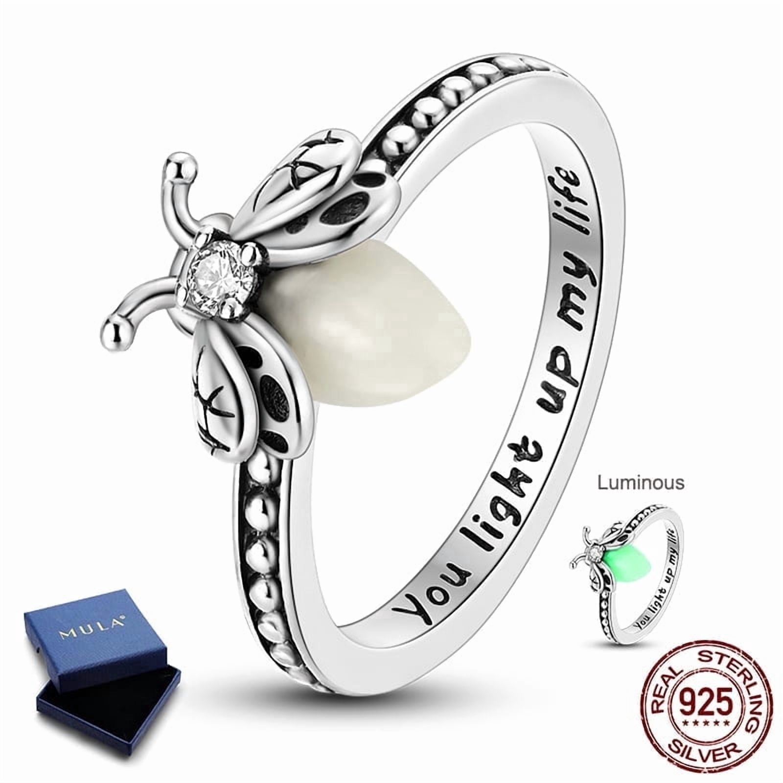 MULA 925 Sterling Silver Finger Ring for Women, Luminous Firefly Hypoallergenic Sparkling AAA CZ Birthday Gift Jewelry with Box Size 6