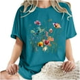 thumbnail image 5 of LEBONYARD Womens Tops under $5,Womens T Shirts Clothes $5,Women's Fashion Summer Round Neck Drop Sleeves Leisure Short Sleeve Flower Printing Tops Blue L, 5 of 7