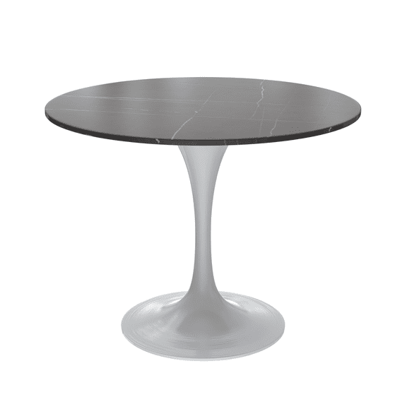 LeisureMod Verve 36" Round Dining Table, Mid-Century Modern Sintered Stone Top Dining Table with White Stainless Steel Pedestal Table Base for Kitchen and Dining Room, Black