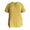 thumbnail image 4 of oqasdz Womens T Shirts Solid Color V Neck Button Detail Top Stylish Casual Blouse Short Sleeve Crewneck Soft Everyday Wear Tshirts,Light Yellow,2XL, 4 of 4
