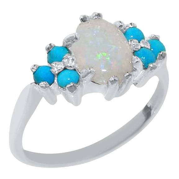 LBG 925 Sterling Silver Real Genuine Opal and Turquoise Womens Band Ring - Size 10