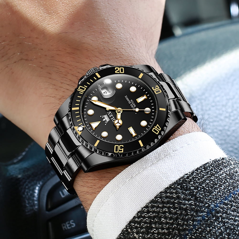 OLEVS Watches for Men Business Dress Luxury Casual Analog Quartz Stainless Steel Waterproof Luminous Date Men Wrist Watches reloj para hombre Black Dial