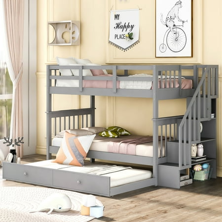 Stairway Twin-Over-Twin Bunk Bed with Twin size Trundle for Bedroom  Dorm  Adults  Gray( old sku: LP000209AAE )