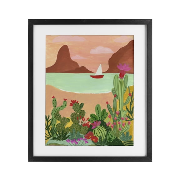 Desert Oasis Boat Black Framed Print Under Glass, design by Nabeela Rumi