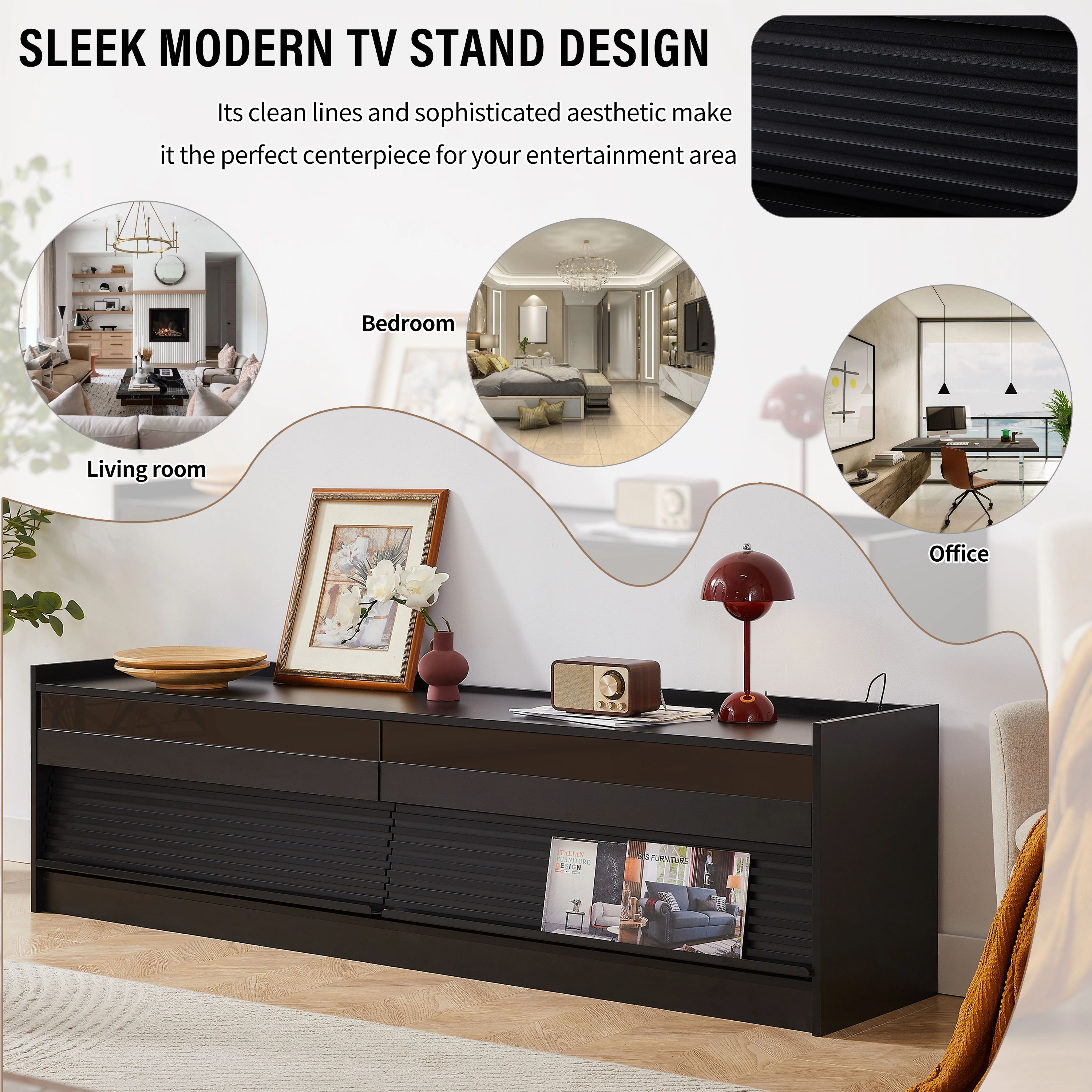 Euroco 68.9" TV Stand for TVs up to 79 Inches,Wood TV Cabinet with 4 Drawers,Tempered Glass,LED Lights & Charging Station,Modern Entertainment Center for Living Room,Black