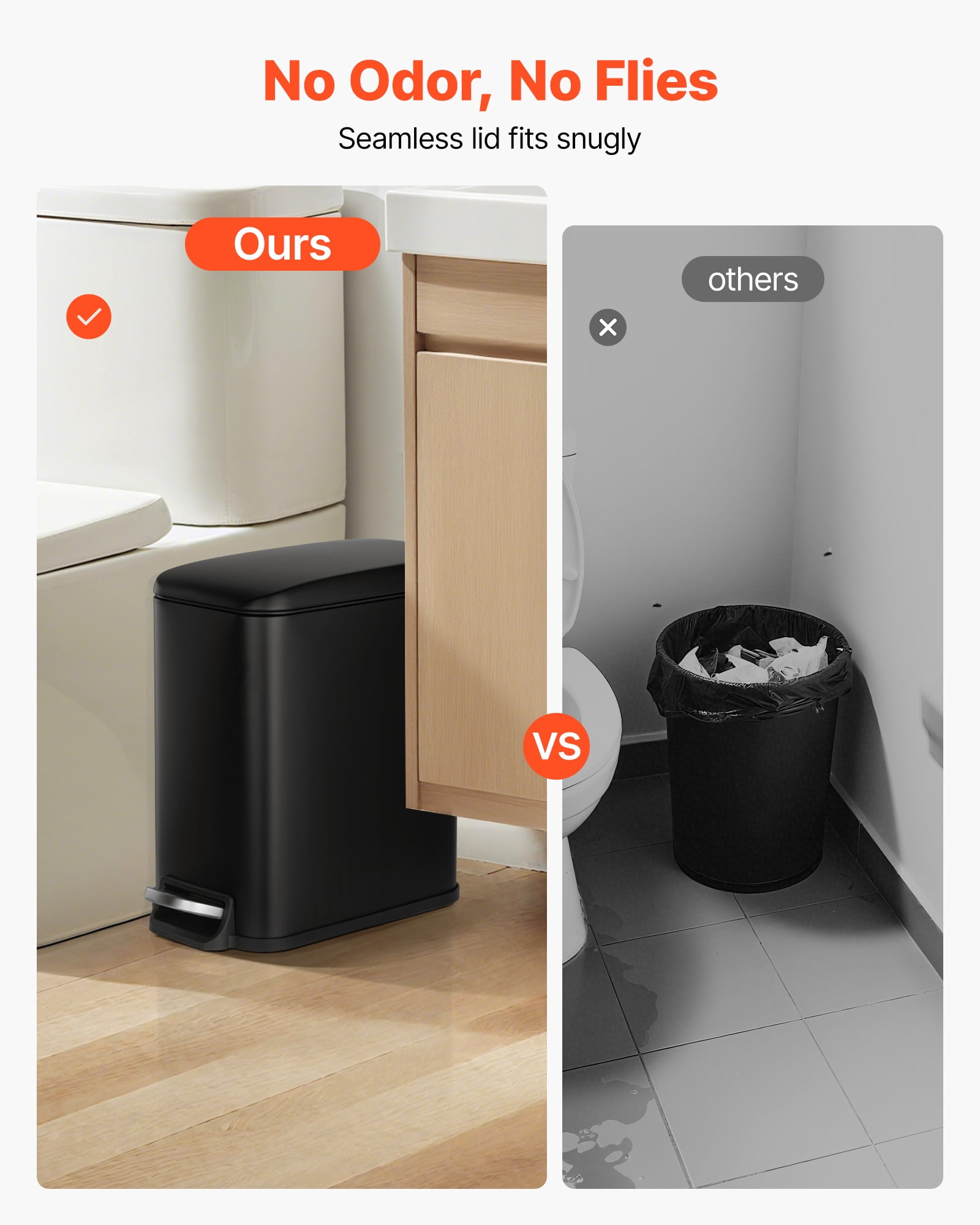 VEVOR Slim Bathroom Trash Can, 11.4 x 5.71 x 10.7 Inch Small Bedroom Trashcan with Step Pedal & Soft Close Lid, 6L Steel Garbage Can with Detachable Inner Bin, for Kitchen, Home, Dorm,Office,Black
