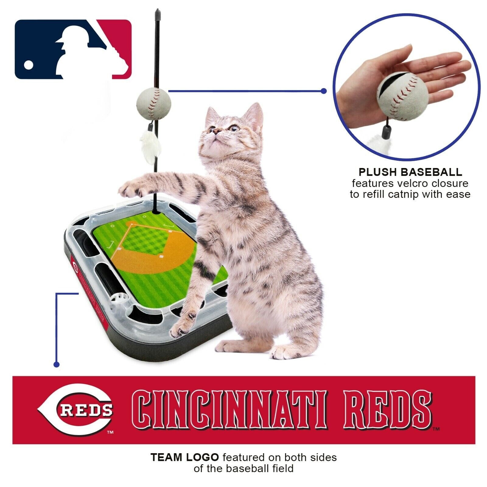 MLB Cincinnati Reds CAT Scratcher Mat Toy with Catnip Plush & Feather Cat Toy 5-in-1 Kitty Toy