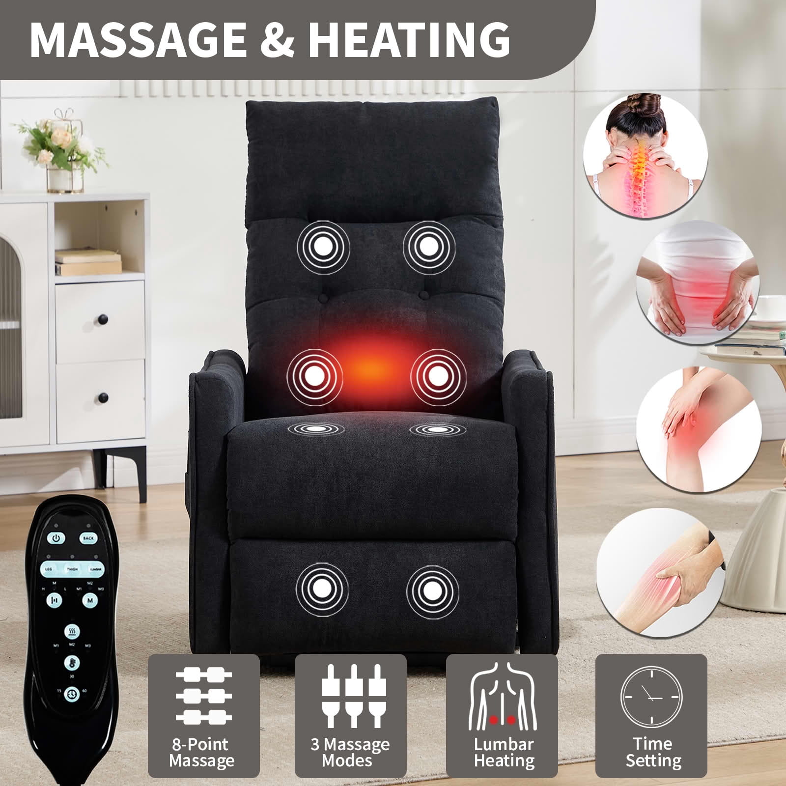MAYEERTY Black Single Motor Power Lift Recliner, 155° Chenille Massage Heat Chair with USB for Elderly Living Room