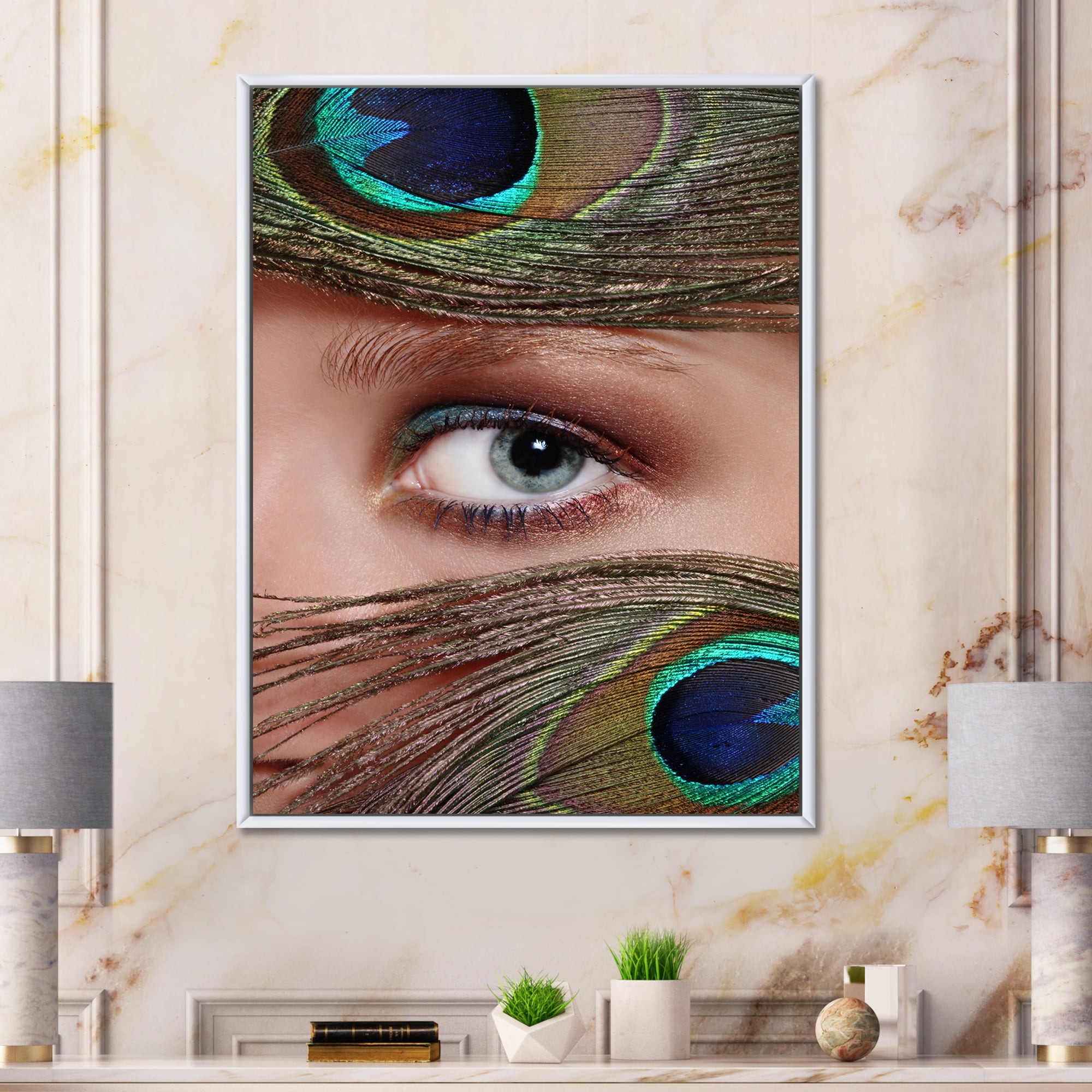 Designart 'Peacock Feathers and Eye' Bohemian & Eclectic Framed Canvas Wall Art Print