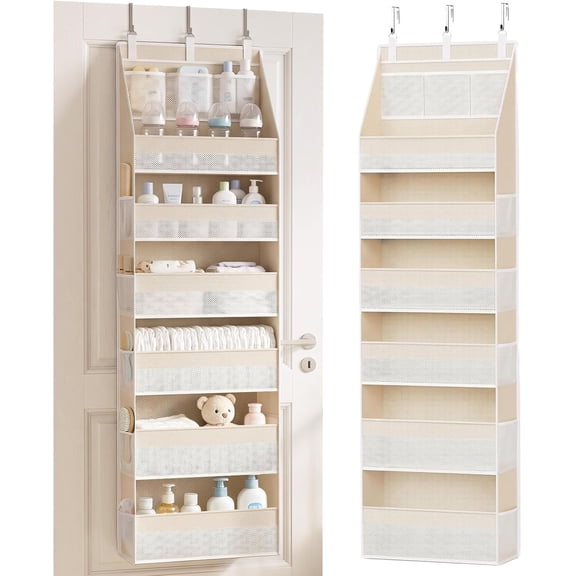 Over the Door Organizer, 6-Shelf Closet Hanging Storage with 13 Mesh Pockets, 55lbs Capacity Behind the Door Storage for Bedroom Bathroom Baby Nursery Dorm, Beige