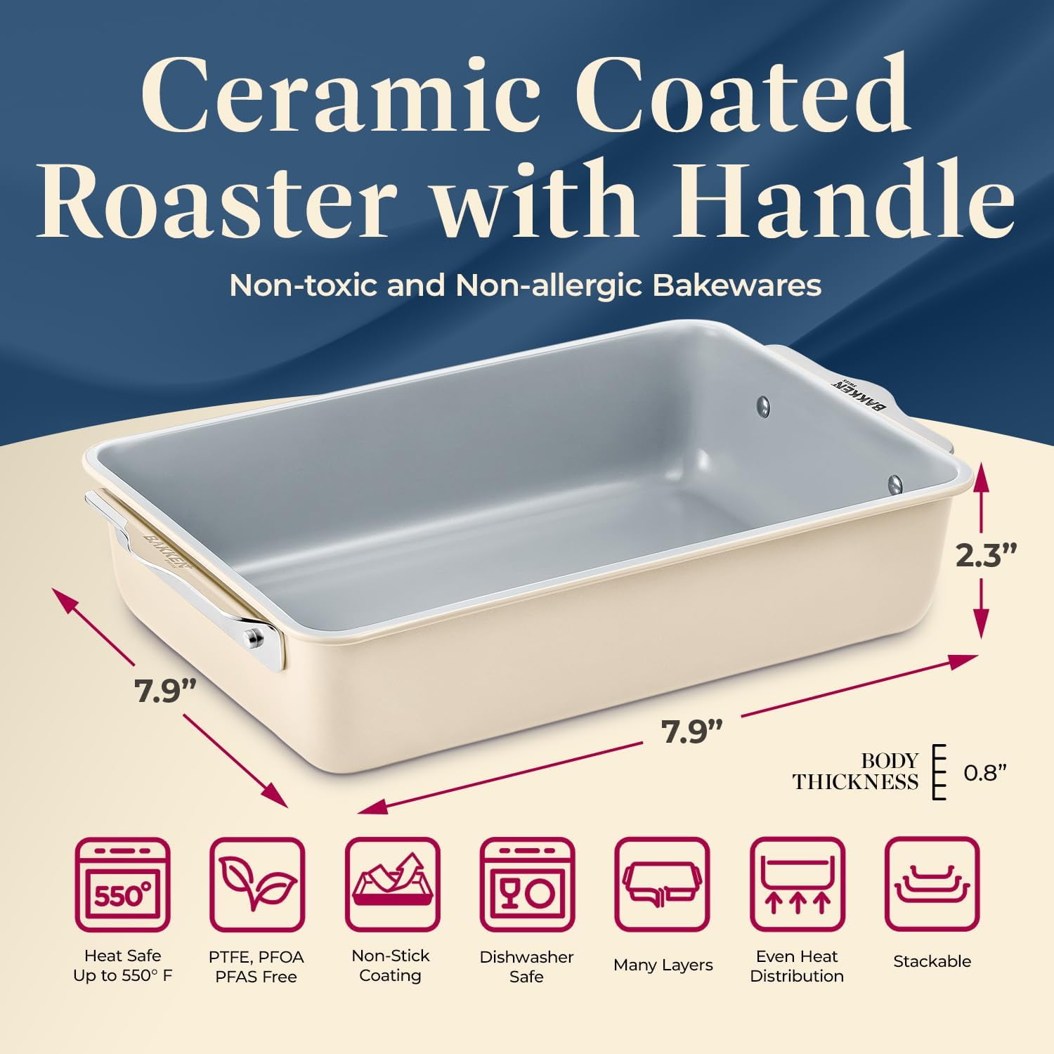 Bakken- Swiss Premium Non-Stick Ceramic 8"x15.5" Rectangle Pan - Aluminized Steel with Ceramic Non-Stick Coating, Non-Toxic, Perfect for Lasagnas, Brownies, and More - Teal