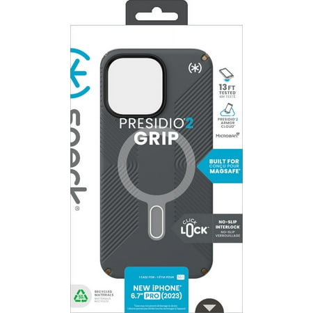 Speck - Presidio2 Grip ClickLock Case with MagSafe for Apple iPhone 15 Pro Max - Charcoal Gray