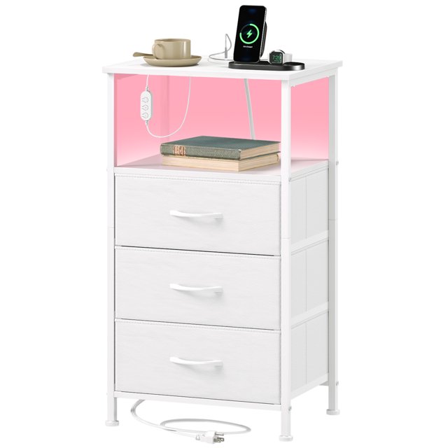 Eunos 3 Drawer White Nightstand with Charging Station, LED and Open Shelf for Bedroom, Living Room