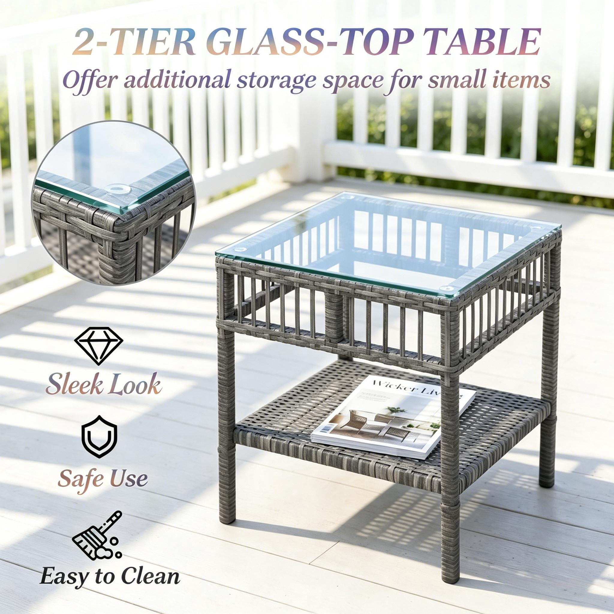 3-Piece Wicker Patio Furniture Set with Tempered Glass Coffee Table,Weatherproof PE Rattan,Cushions Rocking Chair,Outdoor Conversation Furniture for Backyard,Porch & Balcony