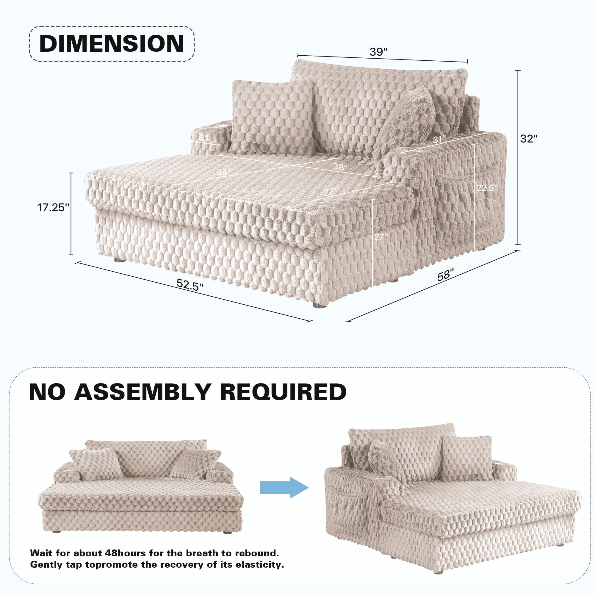 Aukfa 53"W Oversized Chaise Lounge Loveseat Sleeper Sofa with 2 Cup Holders, 3 Pillows, Fluffy Corduroy, Taupe