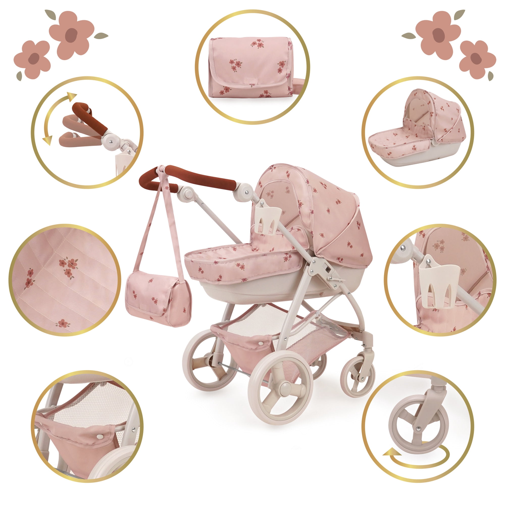 509 Crew: Ballet Flora - Bella 2-In-1 Doll Pram - Soft Pink Flower, Handbag, Removable Bassinet, Canopy-Adjustable Handle, Doll Accessory Toy, Kids 3+