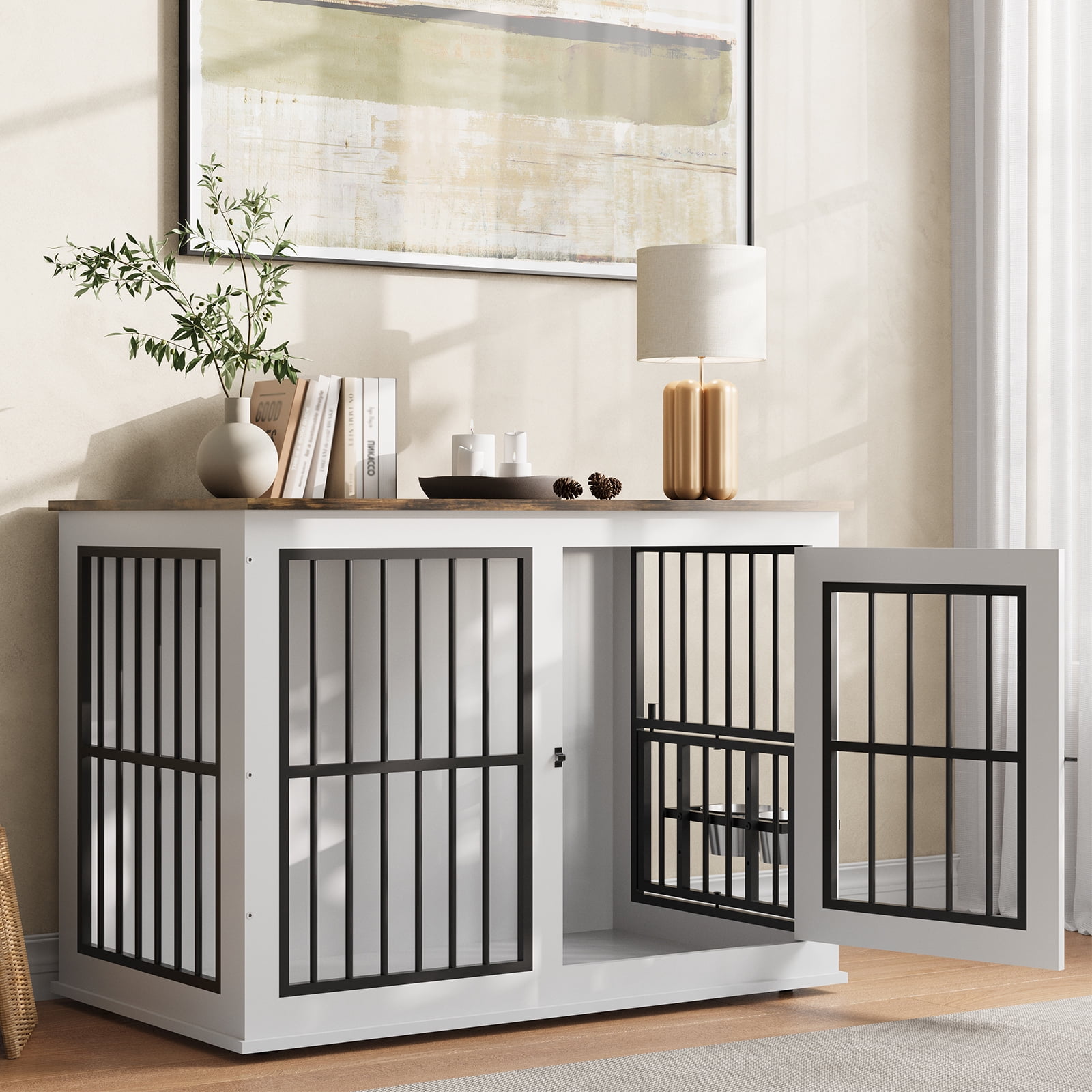 GARVEE 40" Wooden Dog Crate Furniture with Double Bowls, Indoor Pet Kennel & End Table for Medium to Large Dogs, White/Vintage