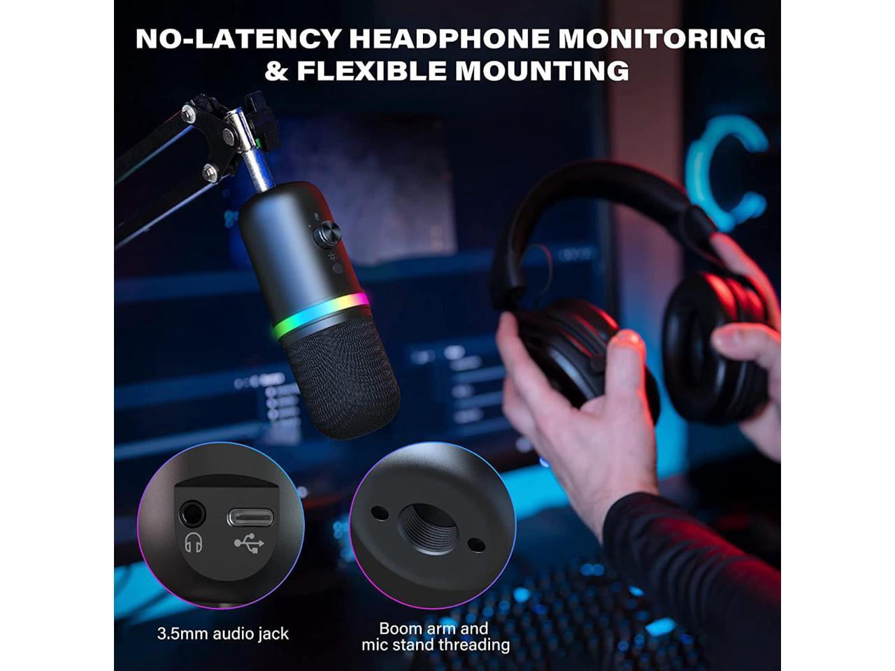 WMT USB Microphone - Condenser Gaming Microphone for PC/MAC/PS4/PS5/Phone- Cardioid Mic with Brilliant RGB Lighting Headphone Output Volume Control