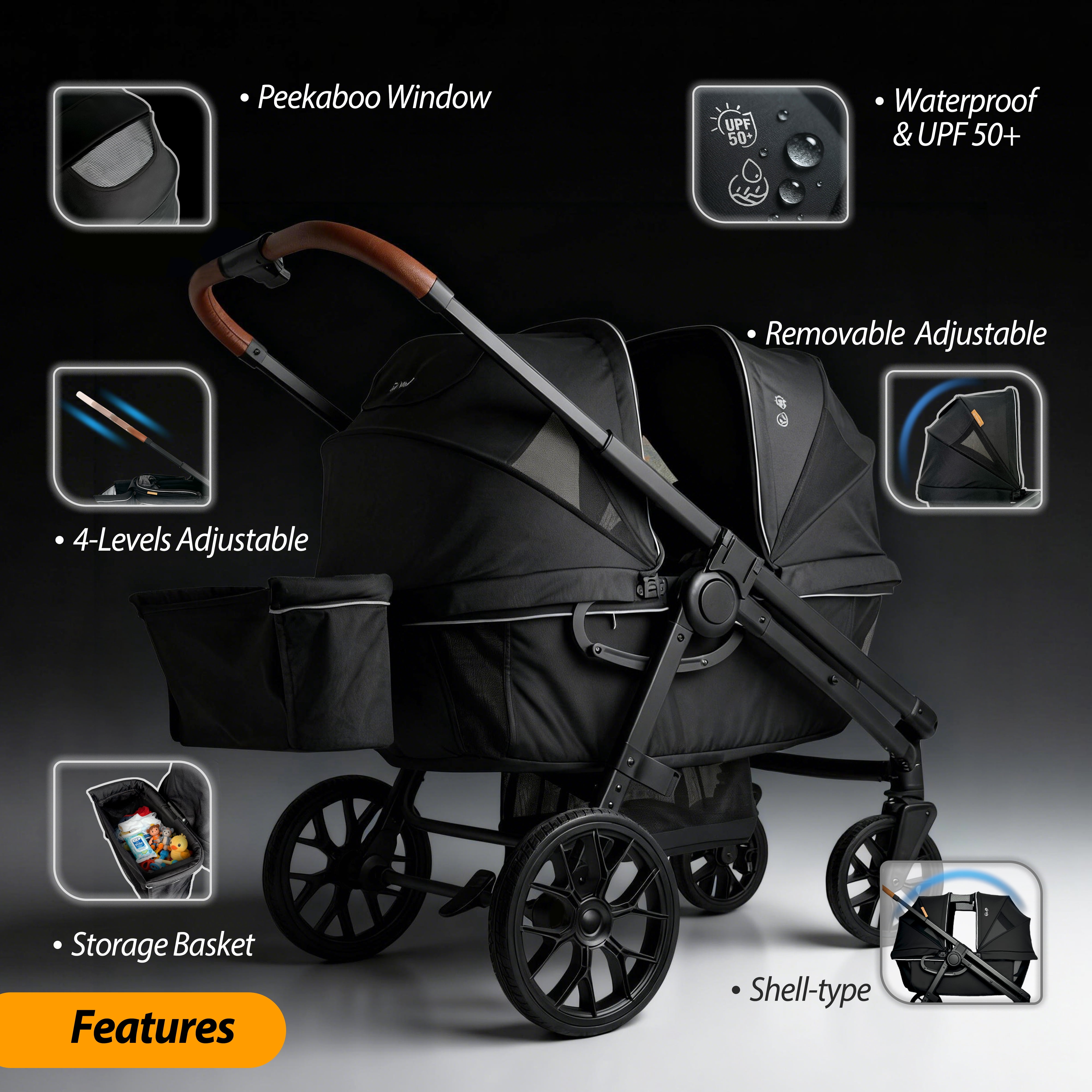 Tandem Wagon Stroller All Terrain 2 Kids Stroller with Canopy Adjustable Handle Snack Tray Cup Holders for Baby Toddler, Black