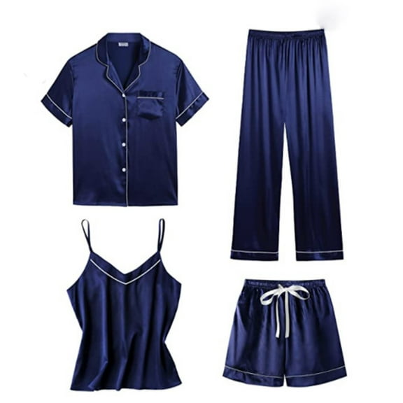 Wensltd Women's 4-Piece Sleepwear Set Camisole Shorts Spring Summer Everyday Style Long Sleeve Nightwear