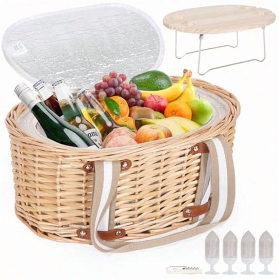 Picnic Basket Set for 4 - Wicker Insulated Picnic Basket with Folding Wine Table Wine Picnic Kit with Liner for Couples Camping Outdoor Valentine WhiteFlower