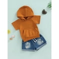 thumbnail image 3 of Seyurigaoka 2Pcs Toddler Girls Boys Summer Outfit, Solid Color Hooded Short Sleeve Tops + Elastic Waist Shorts Set for Kids, 6 Months to 4 Years, 3 of 8