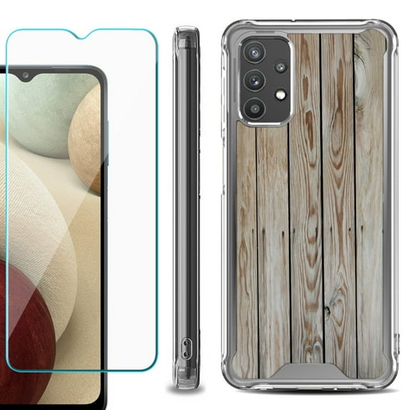 Shockproof Bumper Phone Case for Samsung Galaxy A32 5G, with Tempered Glass Screen Protector, by OneToughShield ® - Wood Print