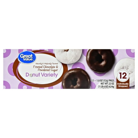 Great Value Donut Variety, Frosted Chocolate & Powdered Sugar, 22 oz, 12 Count