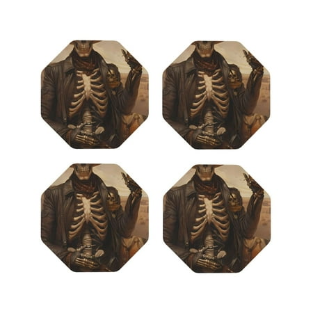 

Fuzoiu Western Skull Cowboy Print Leather Coasters Set Drink Coasters Set of 4 for Tabletop Protection Durable PVC Coasters Home Décor and Housewarming Gift-Octagon
