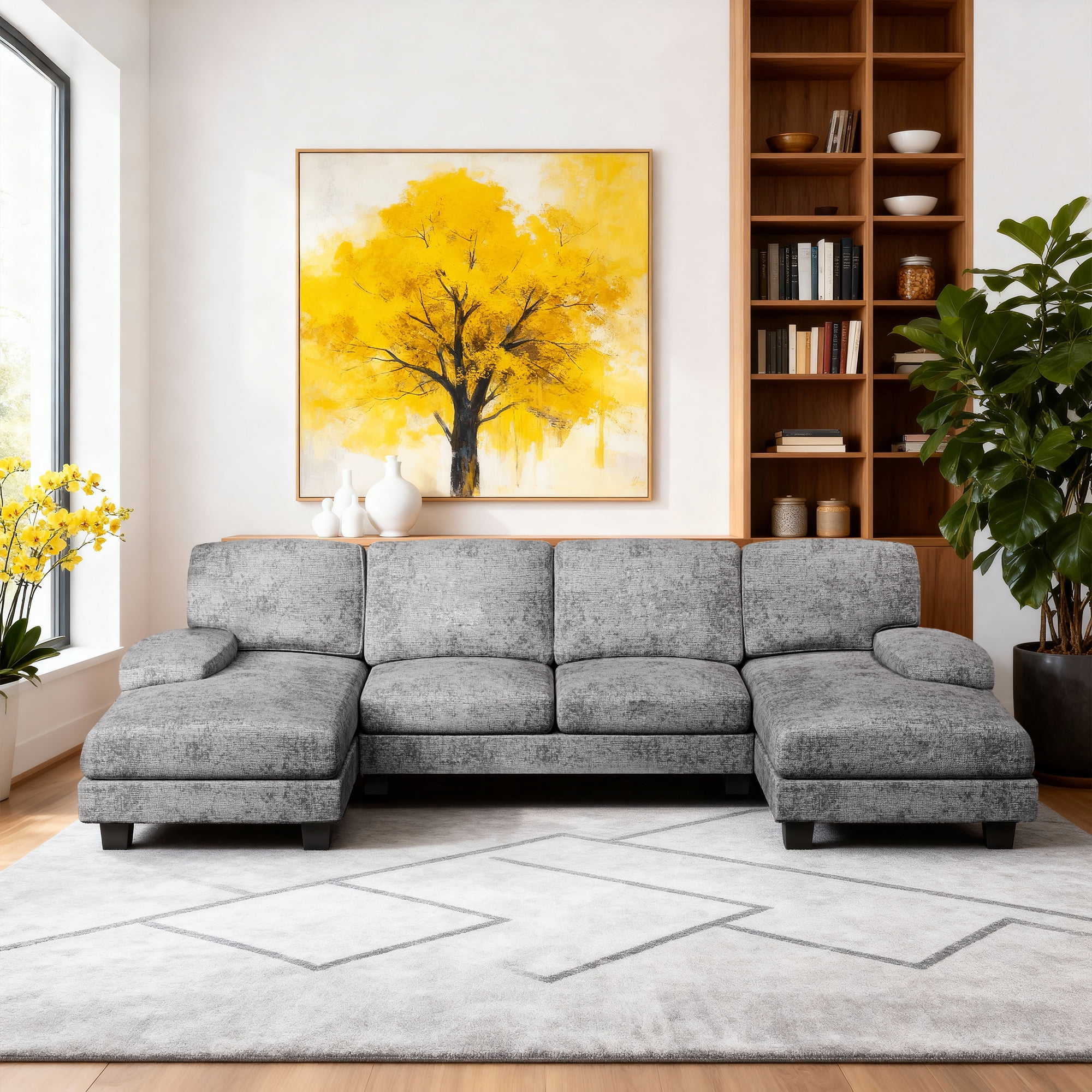 Furmax U-Shaped Sectional Sofa with Chaise, 4 Seats Chenille Fabric Sofa for Living room, New Gray