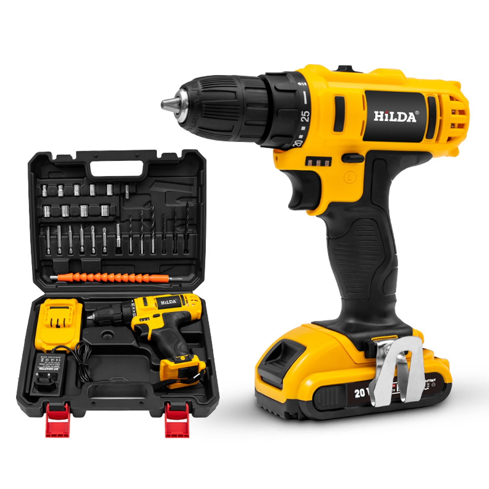 HiLDA Cordless Drill 20V Impact Drill Driver 3/8'' Electric Power Drill Set Variable Speed