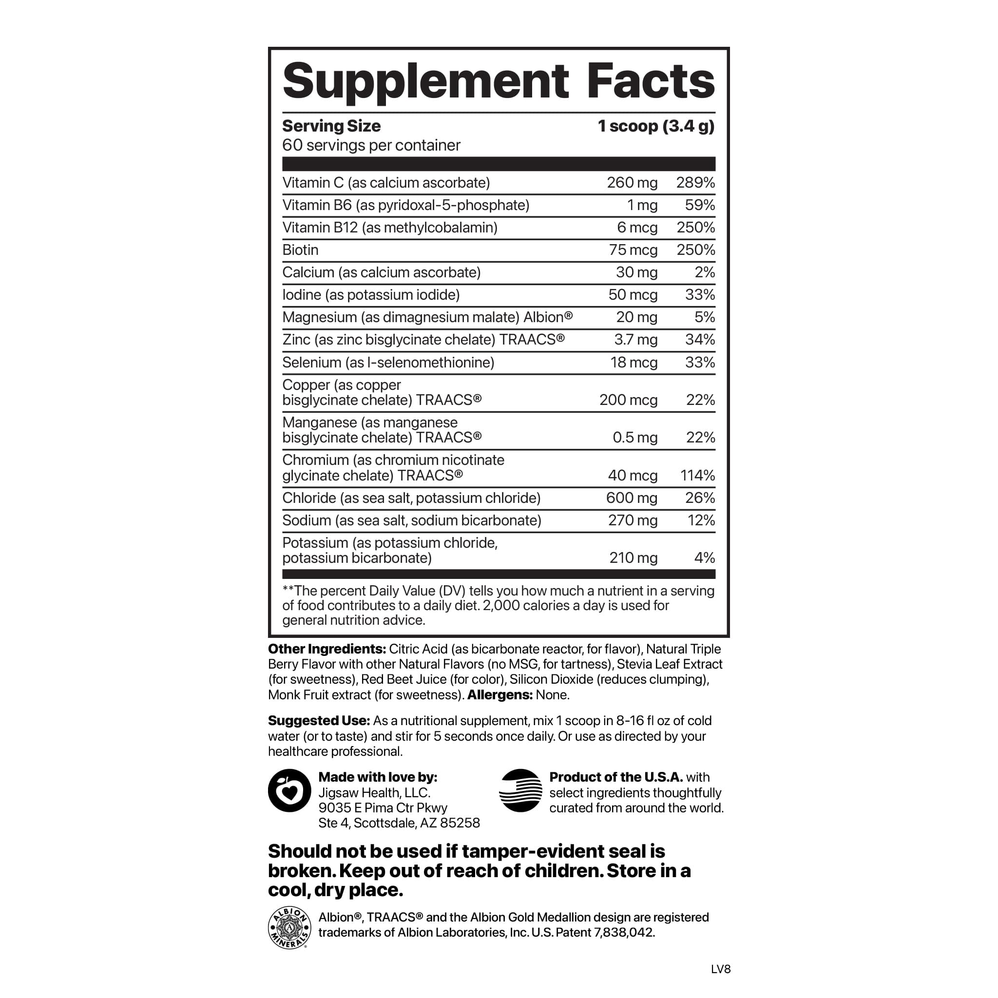 Jigsaw Health Electrolyte Supreme Berry-Licious Flavor, Broad Spectrum of Electrolytes + trace minerals, 60 Servings per Jar