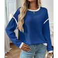 thumbnail image 5 of Female Fashion Crewneck Pullover Sweater Casual Color Block Ribbed Knit Tops Loose Fall Tops Deep Blue L, 5 of 9